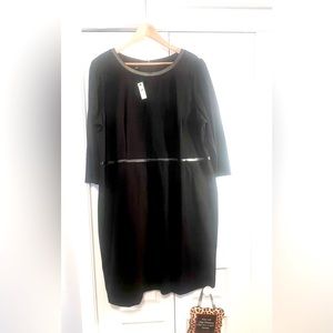 Talbots Faux Leather Trim Long Sleeve Black Dress